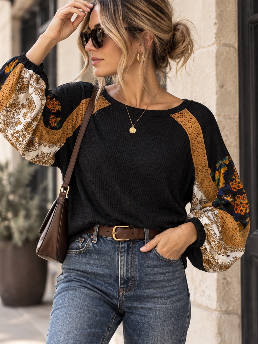 Free People Black Patchwork Sleeve Oversized Thermal Boho Top XS
